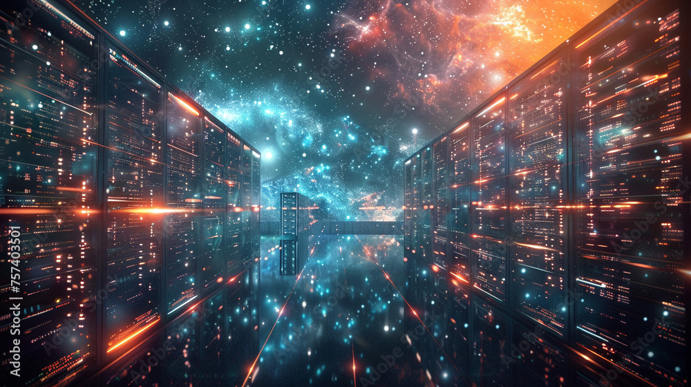 Cosmic computation A glowing data center orbits amidst galaxies a vision of infinite storage and scalability in the universe. 