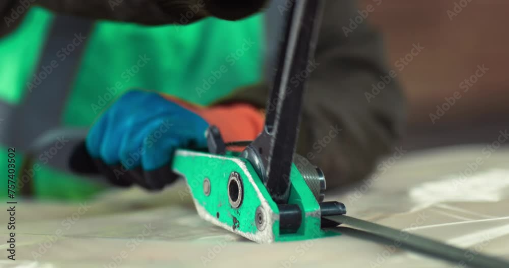 Packing tensioner in the hands of a worker close-up. Worker is packing marble with corded strap tensioner in marble factory Packing tensioner in the hands of a worker close-up. Worker is packing marble with corded strap tensioner in marble factory