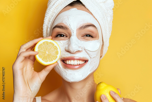 Beautiful woman with white facial mask holding a slice of lemon in front of her face