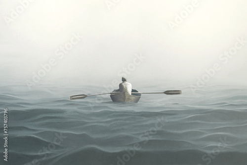 Illustration of man paddling on a canoe lost in the sea, abstract solitude concept