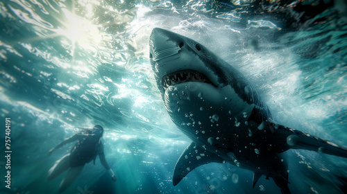 A snorkeler frantically swims to escape a large shark in the sunlit ocean, their muscles straining, with bubbles and rays casting a dramatic underwater scene.