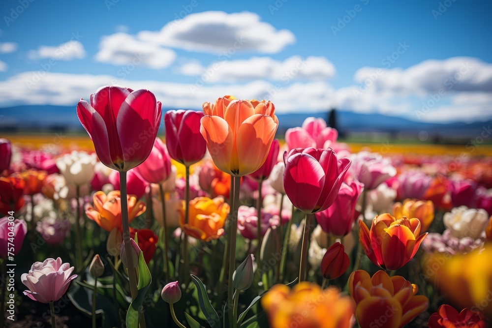 Beautiful field of colorful tulips under a blue sky