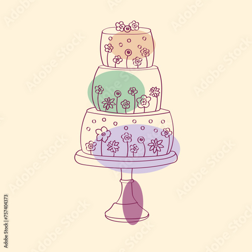 A three-layer cake with icing and decorations ready to be served. The cake is colorful and inviting, with different flavors and textures visible on each layer