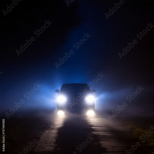 Ein mysteriöses Auto in der Dunkelheit mit eingeschalteten Scheinwerfern, die aus nebliger Dunkelheit die Straße beleuchten