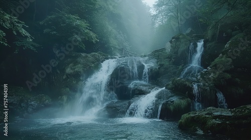 Waterfall on a mountain stream located in a misty forest  natural background