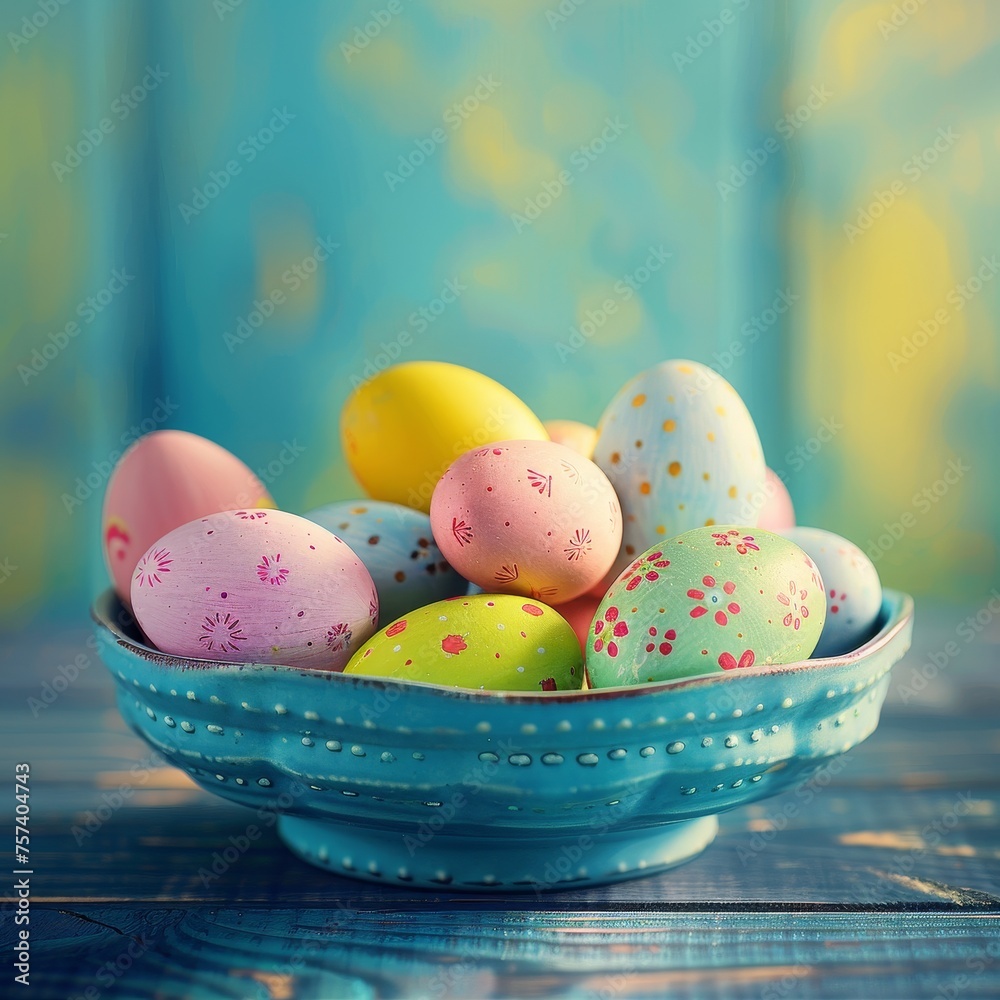Bringing Easter Joy to the Workplace: A Creative Team Meeting with a Bowl of Colorful Eggs on Display