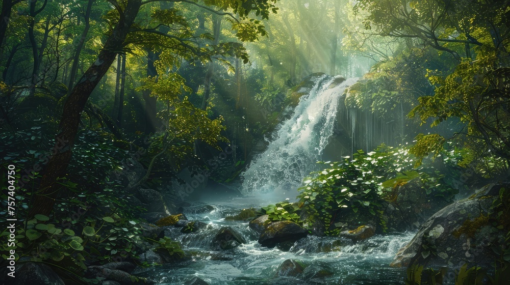 Waterfall on a mountain stream located in a misty forest, natural background