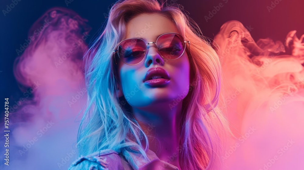 A portrait of a stylish young girl model with blond hair in glasses in smoke in neon lighting