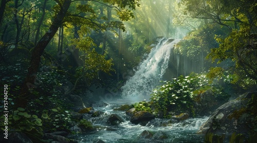 Waterfall on a mountain stream located in a misty forest, natural background