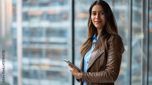 Young woman holding a tablet, standing confidently in an office environment with a large window and urban view in the background.