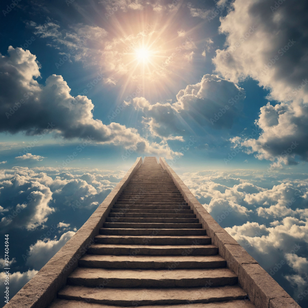 Blue sky with sun and beautiful clouds. Stairs in sky, the road to heaven. Purple toning.