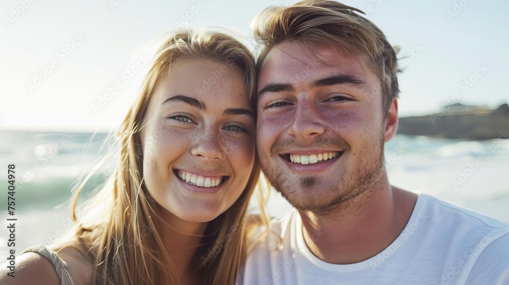 Obraz premium Beautiful young couple smiling on a summer day at the beach