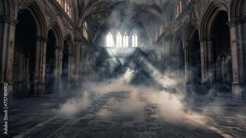 abstract renaissance empty big hall dark gothic light and smoke room