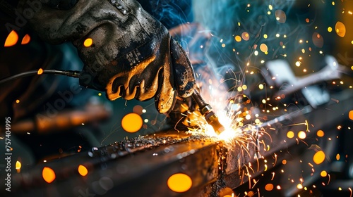 Closeup of hands with gloves holding welding machine working with metal making sparks