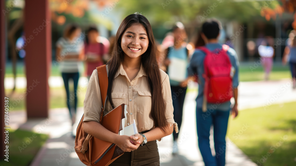 Young female student smiling at the camera, holding a notebook and wearing a backpack, with other students in the blurred background Young female student smiling at the camera, holding a notebook and wearing a backpack, with other students in the blurred background