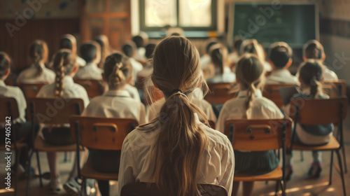 Education, elementary school, learning and people concept - group of school kids sitting and listening to teacher in classroom from back