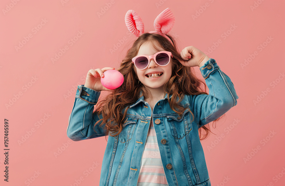 Uma linda menina posa com orelhas de coelho e óculos de sol para o feriado da Páscoa, segurando um ovo de páscoa e cores vibrantes