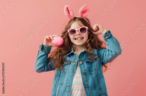 Uma linda menina posa com orelhas de coelho e óculos de sol para o feriado da Páscoa, segurando um ovo de páscoa e cores vibrantes photo