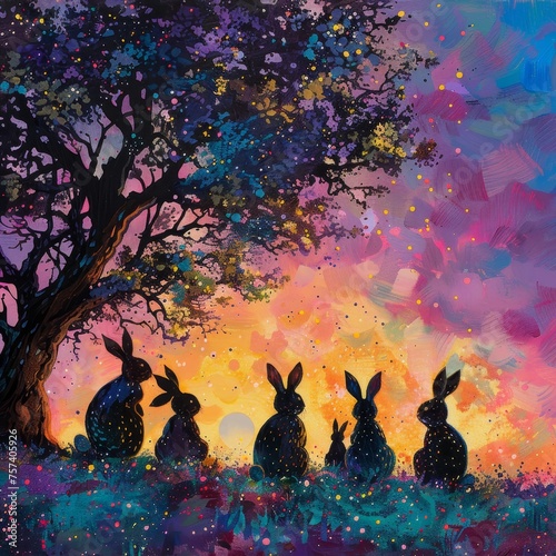 Easter Enchantment: The Shadow Dance of Bunnies in a Moon-kissed Meadow Brimming with Colorful Eggs