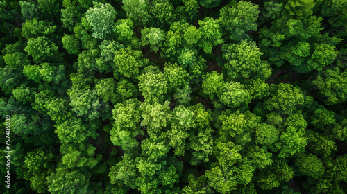 Aerial top view of green trees in forest. Drone view of dense green tree captures CO2. Green tree nature background © Cedric
