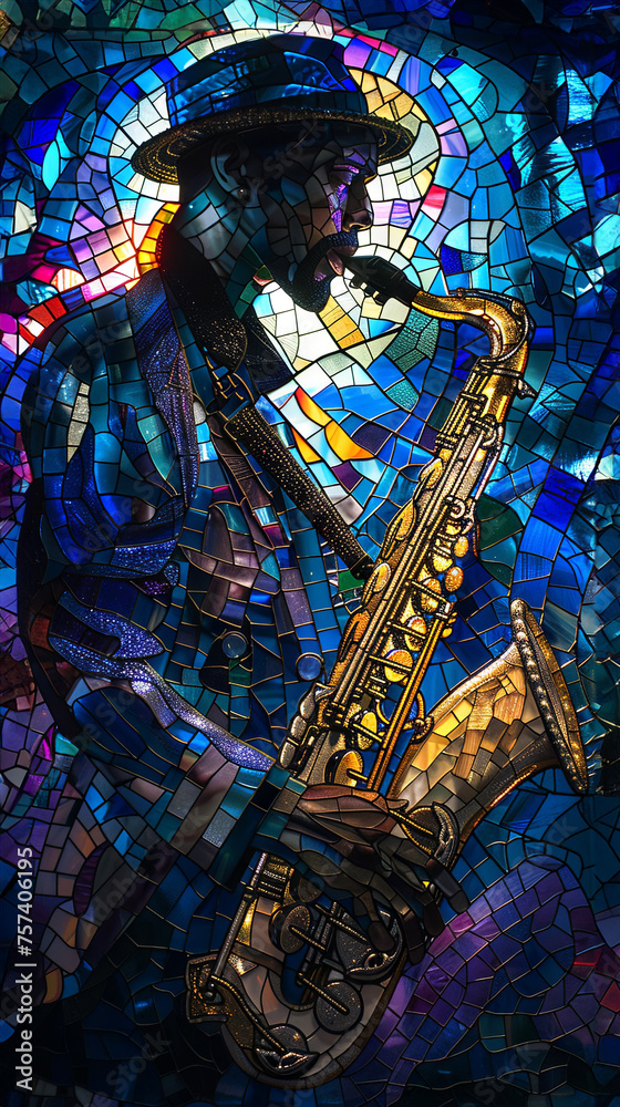 Fototapeta premium A mosaic art depiction of a stylish man playing the saxophone, set against a fragmented stained glass background.