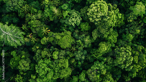 Aerial top view of green trees in forest. Drone view of dense green tree captures CO2. Green tree nature background