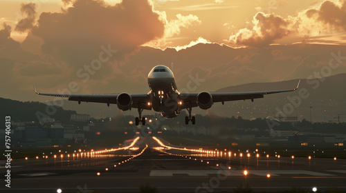 A large jetliner taking off from an airport runway