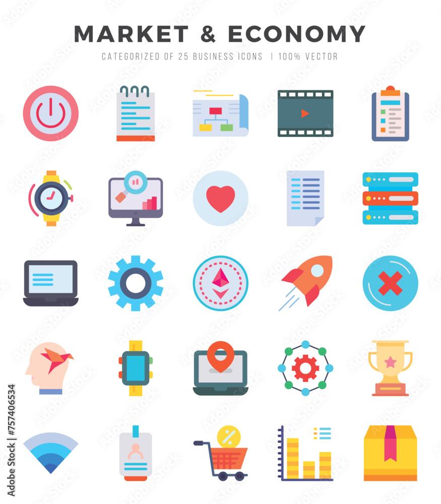 Market & Economy elements. Flat web icon set. Simple vector illustration.
