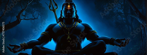 Nocturnal silhouette portraying Lord Shiva in a meditative state, radiating tranquility in the night. photo