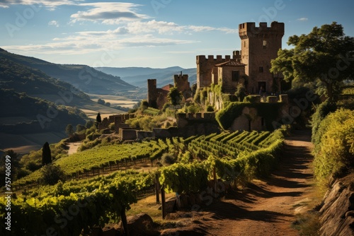 Castle on a hill near vineyard, overlooking natural landscape