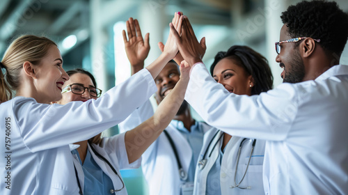 Group of medical professionals in scrubs and white coats, putting their hands together in a unified gesture photo