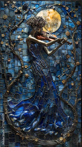 Artistic depiction of a woman playing violin dressed in a gown that blends into a vibrant autumnal stained glass landscape.