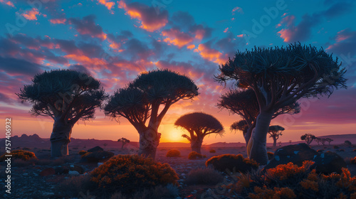 dragon trees at sunset with orange and blue sky 