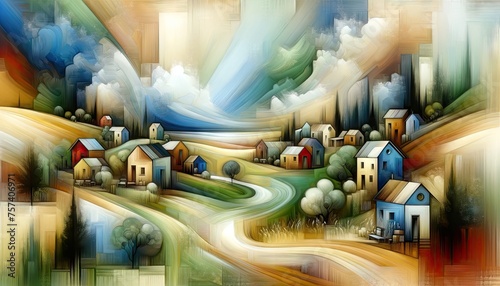 Abstract Artistic Landscape Painting of a Village