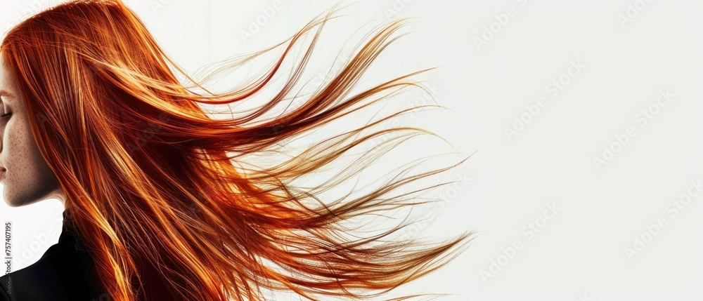 An artistic side profile of a redhead, her hair a flame-like cascade captured in mid-motion, echoing the wild spirit of nature and freedom