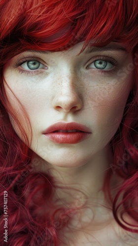 A close-up portrait capturing the intense and thoughtful gaze of a redhead, her striking features accentuated by the scattering of freckles, real natural skin, skin care, beauty