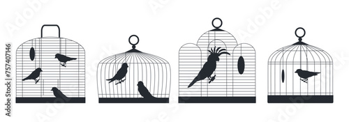 Birds sitting in cages silhouettes. Birds cages with domestic birds, canary, finch, cockatoo and budgie flat vector illustration set. Bird cages silhouette collection