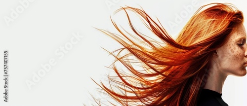 An artistic side profile of a redhead, her hair a flame-like cascade captured in mid-motion, echoing the wild spirit of nature and freedom