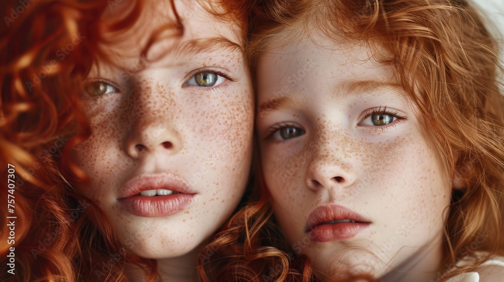 A compelling close-up of two redheaded individuals, one foregrounded, showcasing the natural beauty of curly red hair and freckled skin. Sibling sisters A compelling close-up of two redheaded individuals, one foregrounded, showcasing the natural beauty of curly red hair and freckled skin. Sibling sisters