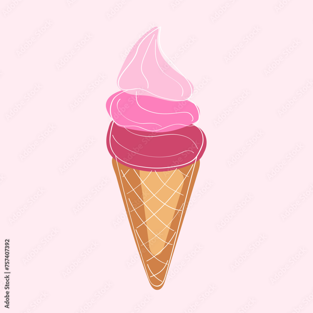 An ice cream cone with swirls of pink and purple toppings, adds a burst of color to the delicious treat