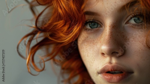 An evocative close-up of a redheaded woman's face, her hair swirling like flames around her piercing gaze, a captivating mix of beauty and intensity. Sensuality and femininity, beauty, fashion