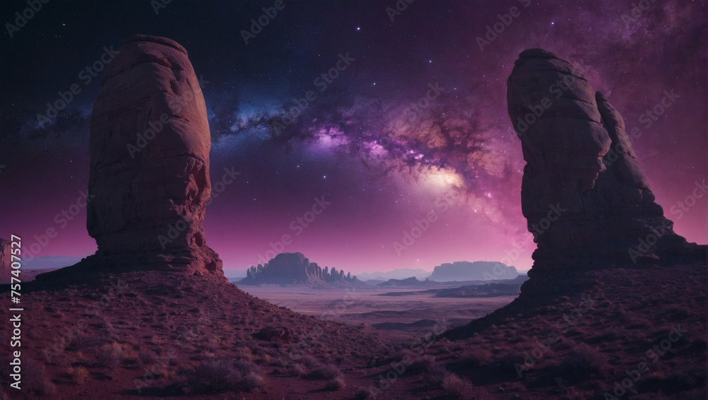 Otherworldly Landscape with Intriguing Arches, Space for Product Showcase, Celestial Sky.