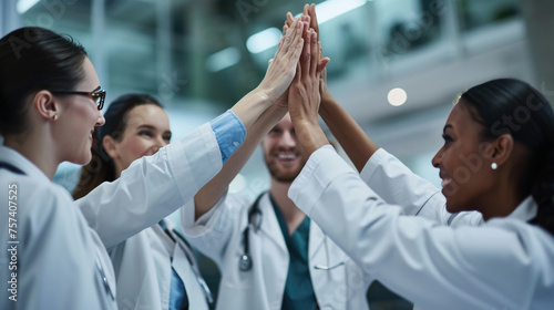 Group of medical professionals in scrubs and white coats, putting their hands together in a unified gesture