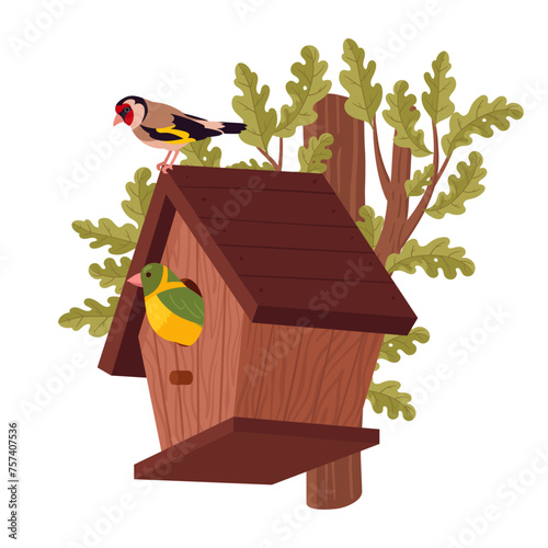 Hand crafted bird house. Wooden bird house on oak tree, cute cartoon birds nest with feeder flat vector illustration. Nesting bird house on white