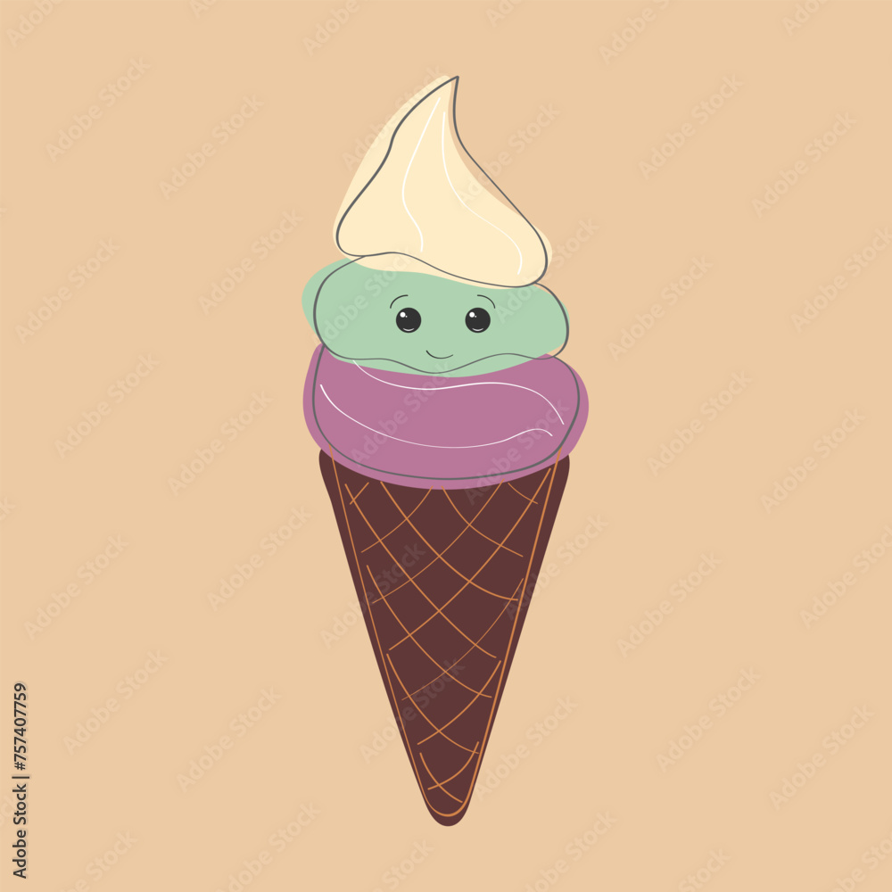 An ice cream cone featuring three different colors swirling together in a delectable treat. The cone is filled with a delicious blend of flavors, making it a colorful and tasty dessert option An ice cream cone featuring three different colors swirling together in a delectable treat. The cone is filled with a delicious blend of flavors, making it a colorful and tasty dessert option
