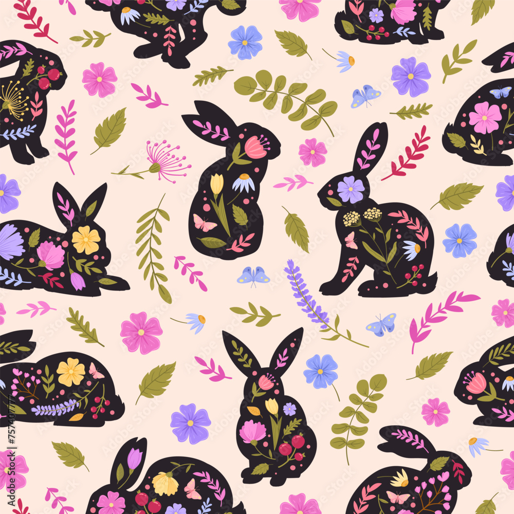 Rabbits seamless pattern. Easter bunny decorated with spring flowers, floral easter hares flat vector background illustration. Spring Easter bunnies endless design