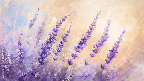 Painted lavender flowers on sunny day light bokeh background
