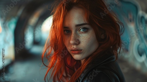 A dramatic close-up of a woman with fiery red hair  her gaze intense and thought-provoking against a contrasting cool background  capturing a moment of raw emotion