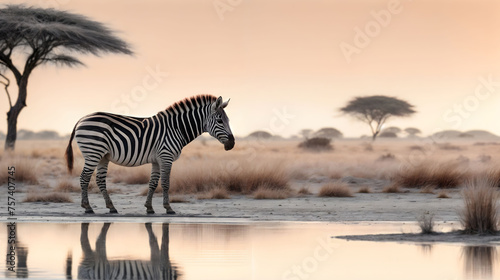 African savanna  zebra stands beside a peaceful river  copy space. Generative AI