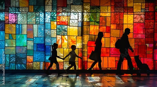 Silhouetted family holding hands in front of a vibrant stained glass window, reflecting unity and diversity.